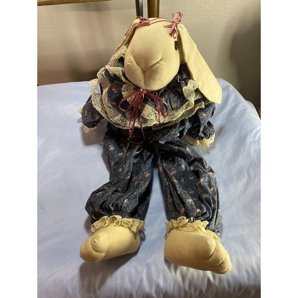 Easter Bunny Shelf Sitter Wood Block Sitting Poseable 20"Blue Lace Outfit
